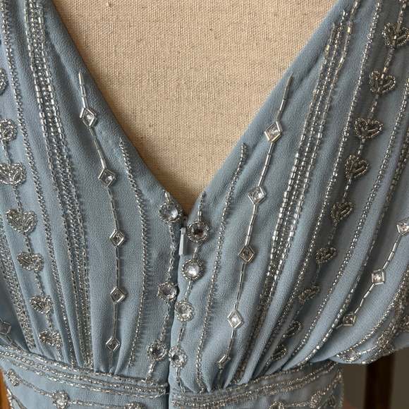 NTW Mac Duggal Size 6 Blue Beaded Empire Waist Column Midi Cocktail Dress 93649 - Picture 8 of 10